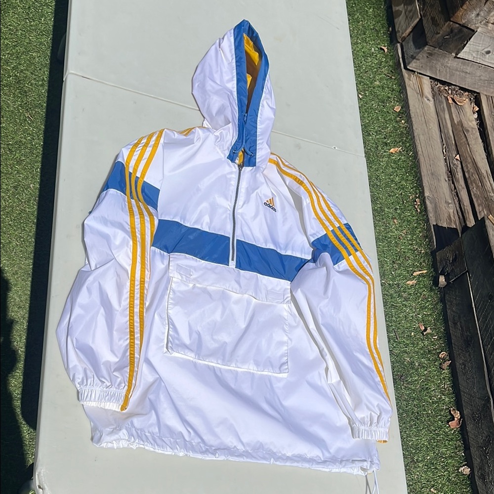 Adidas White Blue Yellow Anorak Jacket Windbreaker Hood Pouch Large
